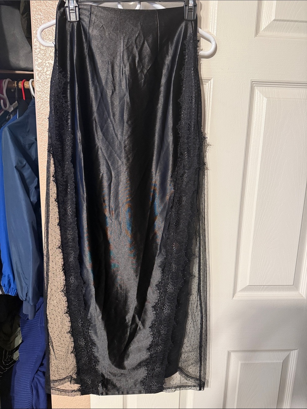 SHEIN Black Satin Maxi Skirt with Lace Overlay